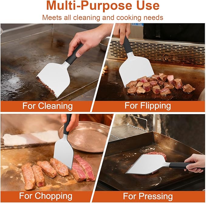 Heavy Duty Griddle Scraper, 5.3" Wide, Sharp Stainless Steel Scraper with Full Tang Silicone Handle, Great BBQ Cleaning Tool for Flat Top Grill & Griddle Cleaning Accessories (1 Pack, Large)