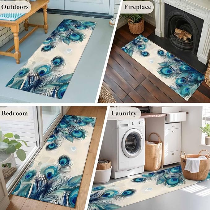 Runner Rug for Bedroom Hallway, Abstract Animal Art Peacock Feather Kitchen Runner Rugs Area Rug 2x6ft, Watercolor Blue Eyes Beige Washable Soft Floor Carpet for Entryway Stair