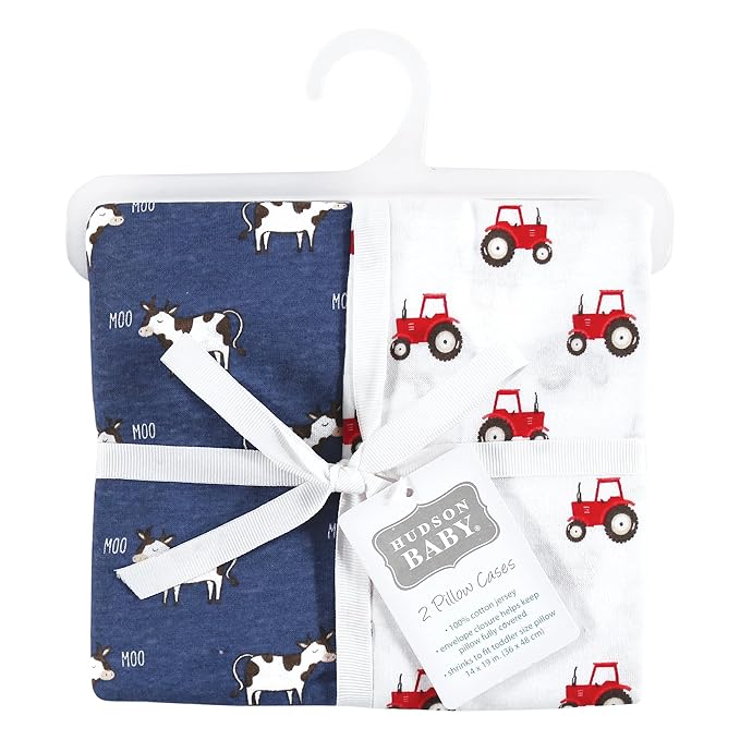 Hudson Baby Unisex Baby and Toddler Cotton Toddler Pillow Case, Tractor and Cow, One Size