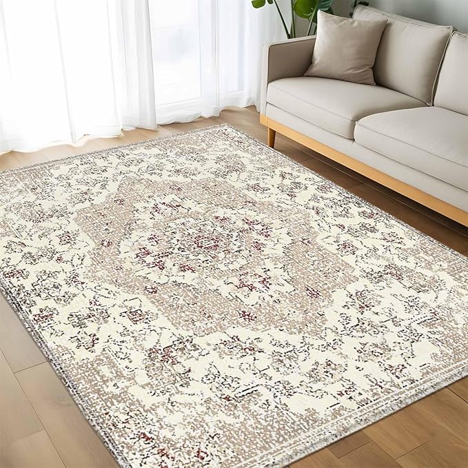 Beige Boho 5x8 Area Rugs, Vintage Ethnic Floral Non-Skid Rubber Backing Large Rectangle Rugs - Living Room Bedroom Home Office, Abstract Art Geometric Indoor Floor Mat Carpets Washable Rug
