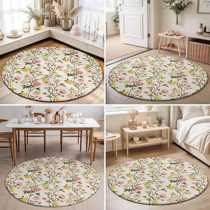 Washable Round Area Rug Farmhouse Blossom Flower Leaf Lemon Circle Rugs Floor Carpet for Living Room Bedroom, Summer Retro Floral Fruit Soft Non Slip Round Rug 5ft