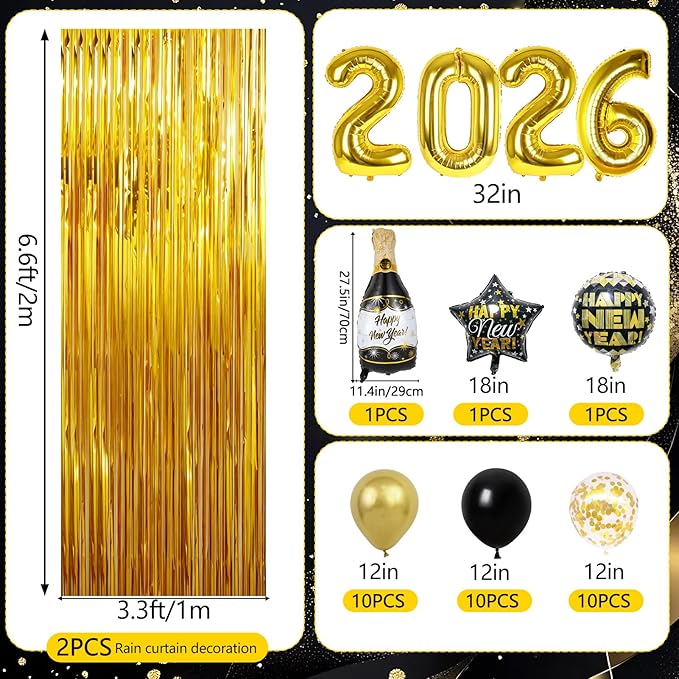 Happy New Year Party Decoration, 2026 Foil Balloon Banner and Curtains Photography Backdrops, Photo Booth Props Hats Paper Glasses Party Decorations for New Years Eve Party Supplies