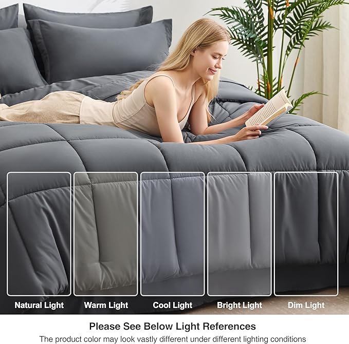 Love's cabin Full Comforter Set Soot Grey, 7 Pieces Full Bed in a Bag, All Season Bedding Sets with 1 Comforter, 1 Flat Sheet, 1 Fitted Sheet, 2 Pillowcase and 2 Pillow Sham | Soft, Breathable, Lightweight, Comfortable