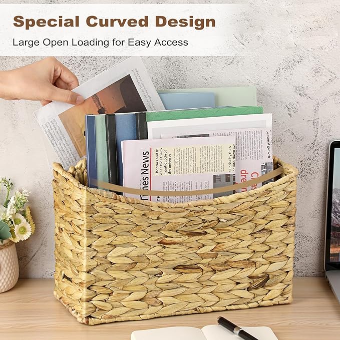 BTSKY Woven Magazine Holder, 2-Section Water Hyacinth Magazine Basket, Natural Storage Basket Bin for Books & Files, Bathroom Magazine Rack with Built-in-Handle for Home, Office & Desk
