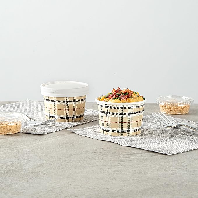 Restaurantware Coppetta 4-Ounce Dessert Cups, 50 Disposable Ice Cream Cups - Lids Sold Separately, Heavy-Duty, Plaid Paper Frozen Yogurt Bowls, For Hot And Cold Foods