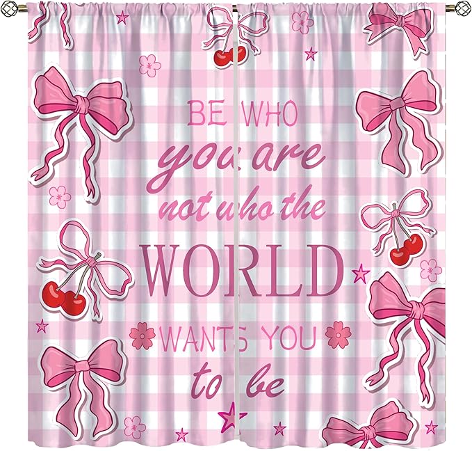 Pink Bow Blackout Curtain,Girls Modern Cherry Plaid Floral Star Abstract Window Curtains for Kitchen Bedroom Cafe Dining Room Office Living Room Drapes Decor,42x45 in