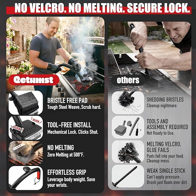 Qetumst Grill Brush Bristle Free with Collapsible Bucket, Steam BBQ Cleaning Kit & 3 in 1 Scraper, Extra Replaceable Head, Safe Outdoor Accessories for Cast Iron, Porcelain Grates