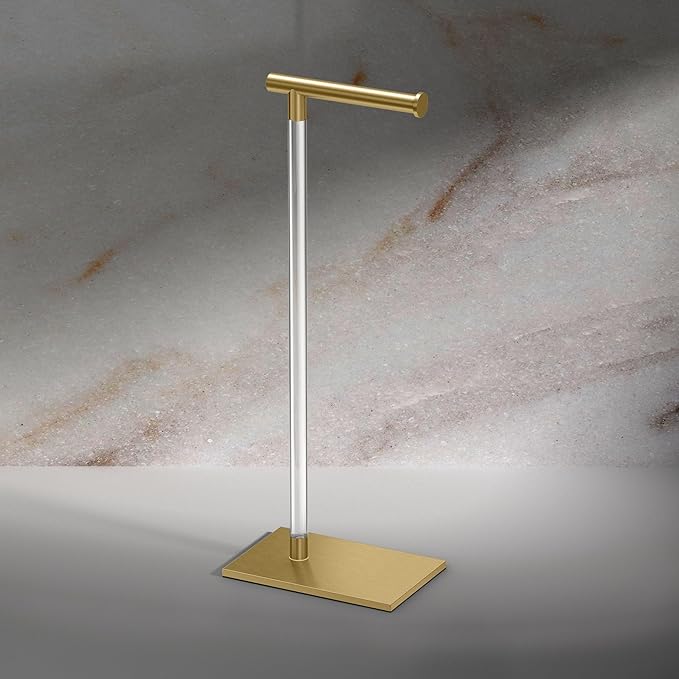 Gatco 1331B Toilet Paper Holder Stand, Brushed Brass with Acrylic Post, Rectangle Weighted Base, Freestanding Bathroom Floor Stand, 22.25 Inch