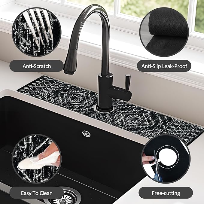 2PCS 24" X 5.5" Kitchen Sink Splash Guard Faucet Mat Aztec Super Absorbent Fast Drying Faucet Guard & Draining Mat Sink Splash Guard Behind Faucet for Kitchen, Bathroom