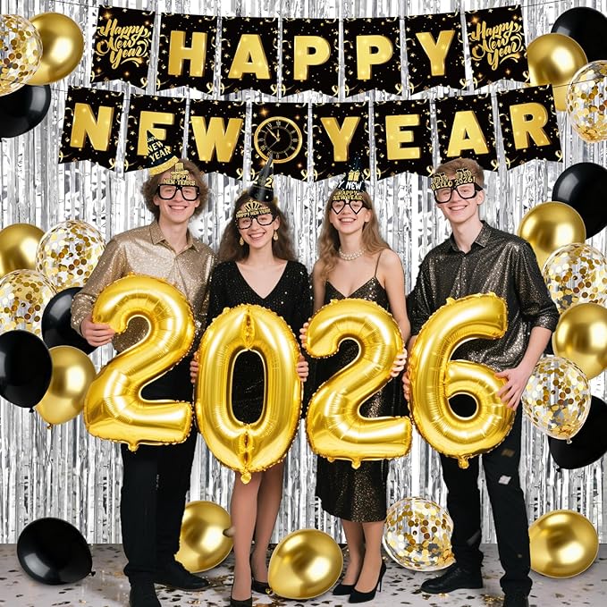 New Years Decorations 2026, New Years Eve Party Supplies 2026 with Happy New Year Banner Silver Fringe Curtains 32inch 2026 Balloons Hats Glasses Noise Makers for NYE Decorations 2026