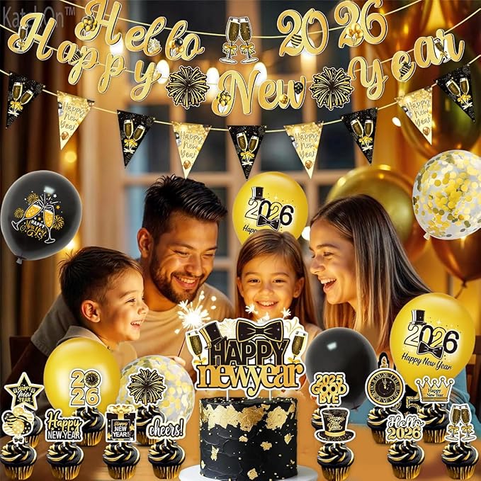2026 New Year Party Decorations Set, Gold and Black Balloons, Banners, Cupcake Toppers, Happy New Year Theme Pack