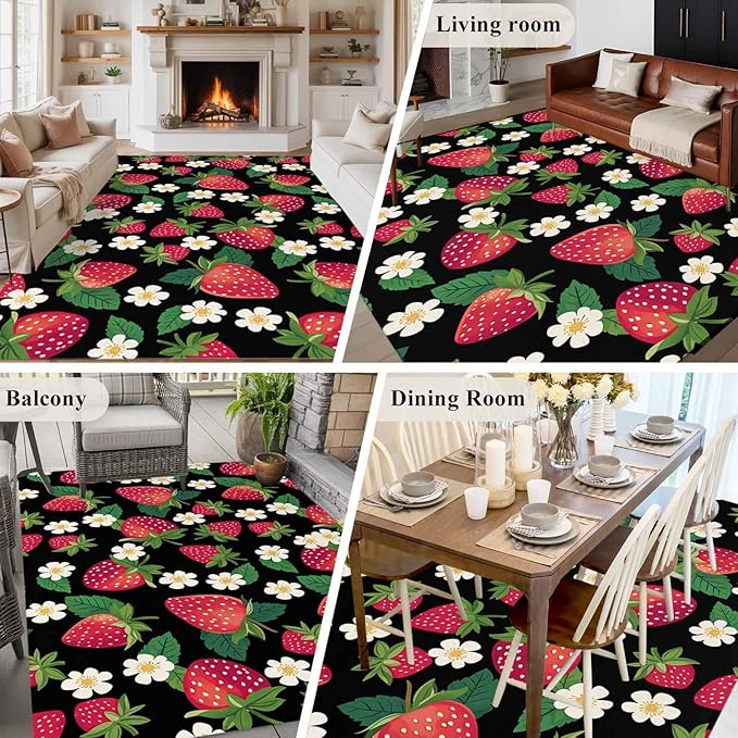 Area Rug 6x9ft, Red Strawberry Litter Flower Leaves on Black Washable Rugs for Living Room Bedroom, Summer Fruit Soft Non-Slip Area Rugs Rectangle Floor Carpet for Dining Room