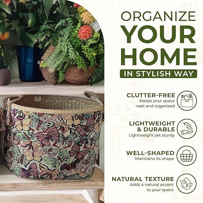 Set of 3 Handwoven Sedge Grass Baskets with Floral & Butterfly Brocade Cover – Decorative Woven Storage Baskets for Laundry, Toys & Blankets – Natural Wicker Hampers for Home & Bedroom Decor
