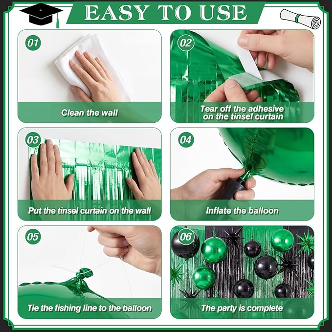 Seenelling 25 Pcs Green and Black Graduation Party Decorations 2026 Sets 22 Inch 4D Large Stars Balloons with Metallic Tinsel Foil Fringe Backdrop Curtains for Birthday Anniversary Wedding Decor
