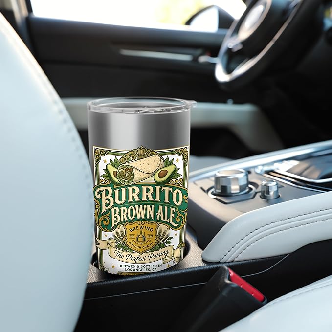 Burrito Brown Ale Mexican Food Retro Funny Beer Label Stainless Steel Insulated Tumbler