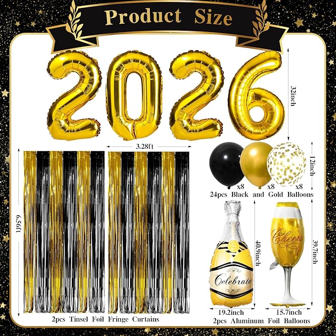 2026 Happy New Years Party Decorations, Gold Black Foil Fringe Curtains Number 2026 Party Balloons for New Year Photo Props, 2026 New Year's Eve Party Supplies，Graduation School Decor