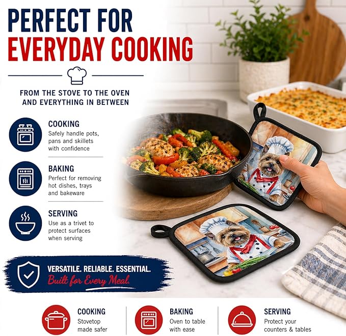 Caroline's Treasures Cairn Terrier The Chef Pair of Pot Holders Kitchen Heat Resistant Pot Holders Sets Oven Hot Pads for Cooking Baking BBQ, 7 1/2 x 7 1/2