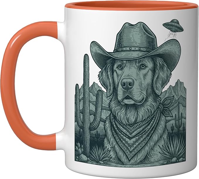 Cowboy Golden Retriever With Ufo Western Dog Art Ceramic Mug, Orange/White