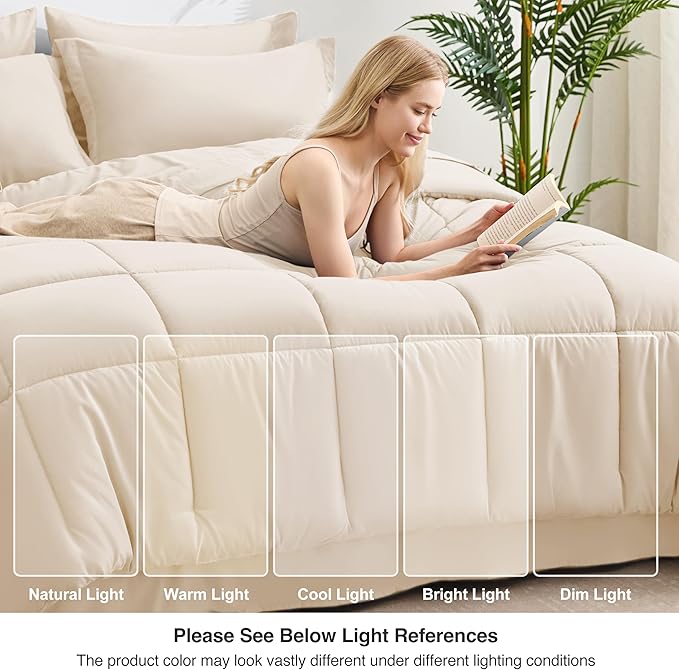 Love's cabin Queen Comforter Set Beige, 7 Pieces Queen Bed in a Bag, All Season Bedding Sets with 1 Comforter, 1 Flat Sheet, 1 Fitted Sheet, 2 Pillowcase and 2 Pillow Sham | Soft, Breathable, Lightweight, Comfortable