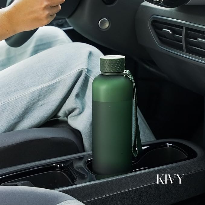 KIVY Slim Water Bottle 32oz [Lightweight & Shatterproof] Fits Backpack & Cupholder for Travel, Sports, School, Gym - Dark green - Gym water bottle screw top - Dishwasher Safe