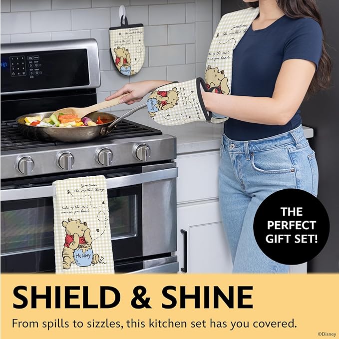 Disney Kitchen Towels & Oven Mitts Set – 4 Piece Bundle with 2 Cotton Dish Towels/Hand Towels & 2 Heat Resistant Mini Oven Mitts (Pot Holders) – Mickey, Stitch & Pooh (Winnie the Pooh)