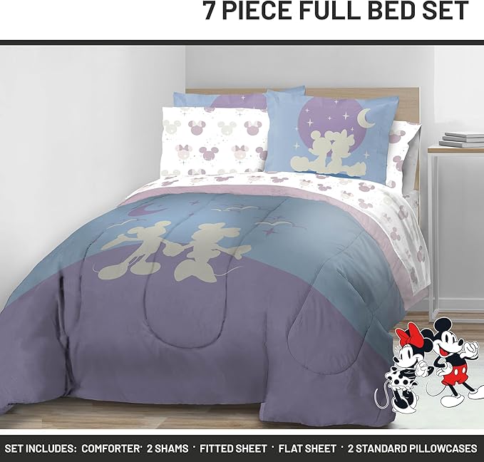 Disney Mickey Mouse & Minnie Mouse Full Size Comforter Set - 7 Piece Bedding Includes Sheet Set & Pillow Covers - Super Soft Cozy Bedding