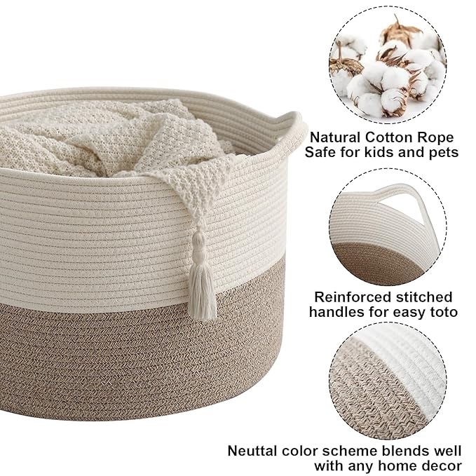 90L Extra Large Blanket Basket,Woven Rope Laundry Basket Hamper with Handles, Decorative Nursery Basket Storage Bin for Toys, Clothes Organizer, Living Room, Bedroom, Bathroom, White & Brown
