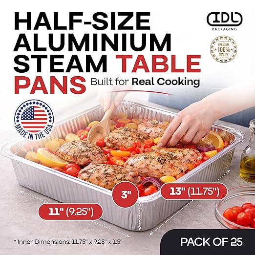 IDL Packaging Half-Size Aluminum Steam Table Pans - Deep, 13" x 11" x 3" (Pack of 25) - Disposable Foil Pan for Grilling, Roasting, BBQ, Cooking, Baking, Freezing