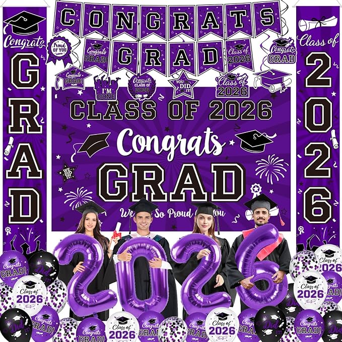 Graduation Decorations Class of 2026 Set - Purple Themed Congrats Grad Banner & Backdrop, Hanging Swirls, Porch Sign, Balloons, Foil Number 2026 for High School & College Celebrations