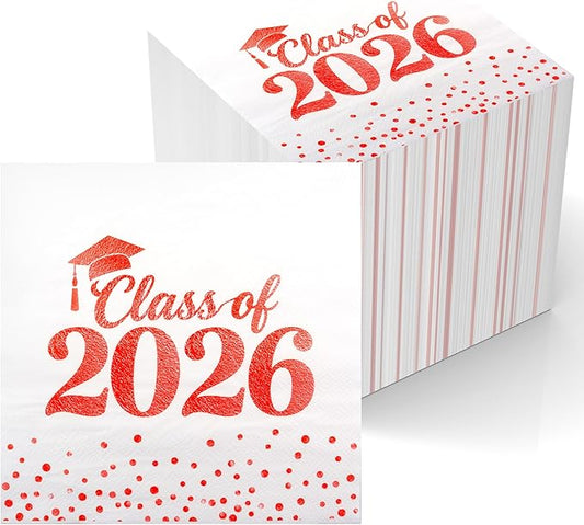 Graduation Napkins - Class of 2026 Napkins Disposable Paper Napkins Congrats Grad Cocktail Napkins Graduation Decorations 2026 Red Napkins Hand Towels for College Graduation Party Decorations 50 Pcs