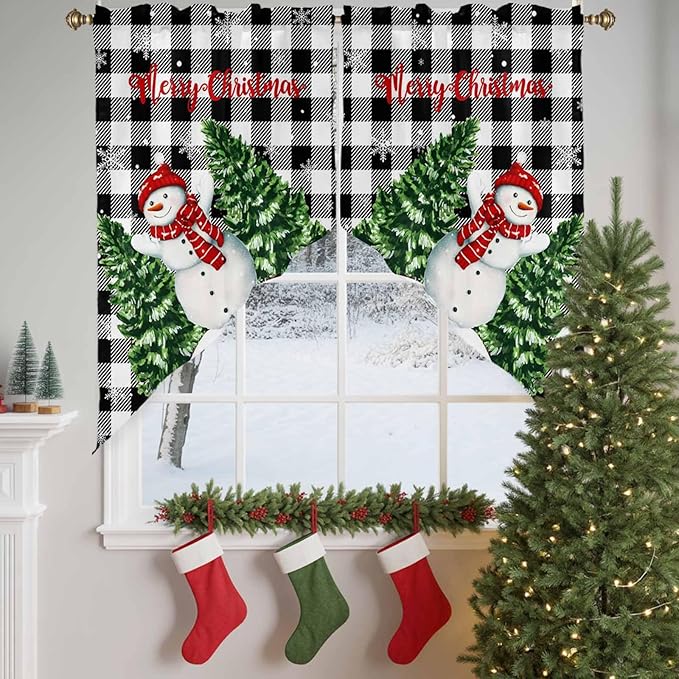 Christmas Tree Snowman Swag Valance Curains Winter Snowflake Black Buffalo Plaid Rod Pocket Kitchen Curtains Scalloped Window Treatment Valances Swag for Living Room Bedroom, 1 Pair, 36"W x 45"L