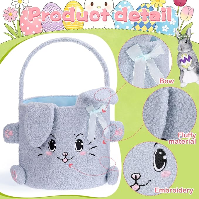 Mimorou 3 Pack Easter Basket Soft Plush Bunny Sherpa Personalized Bucket with Rabbit Ears Decorative Bow Large Bunny Tote Bags Ideal for Egg Hunt, Party Favors(White Pink and Blue)