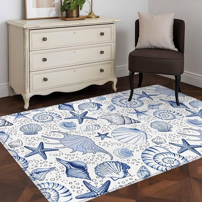 Area Rug 4x6ft, Navy Blue Starfish Conch Shell Seamless Washable Rugs for Living Room Bedroom, Summer Ocean Bubbles Soft Non-Slip Area Rugs Rectangle Floor Carpet for Dining Room