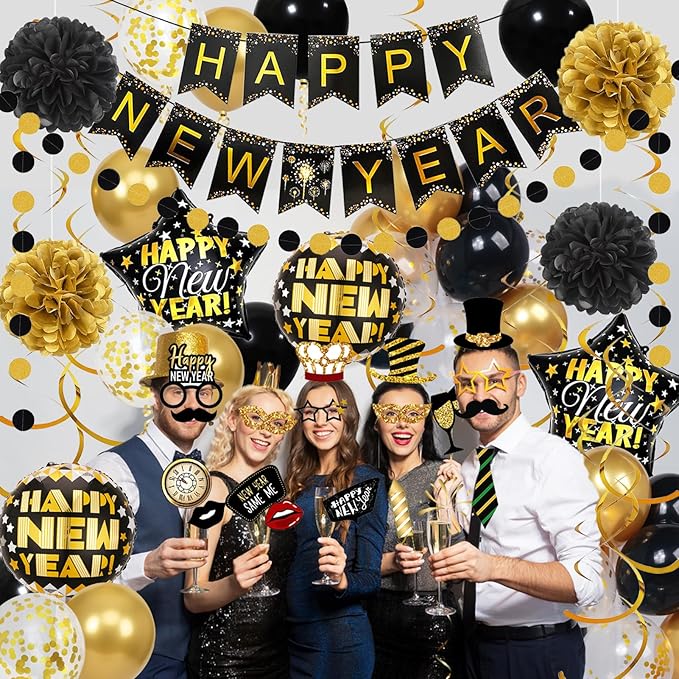 2026 New Years Decorations, Happy New Years Banner and Black Gold Balloons Set, Photo Props and Hanging Swirls, Paper Pompoms, Black and Gold Circle Dot Garland, Eve Party Supplies 2026