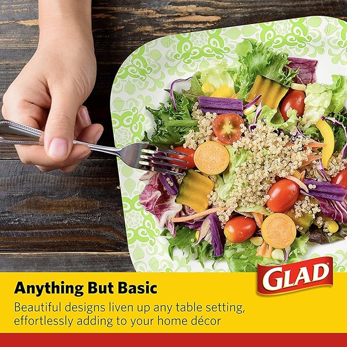 Glad Square Heavy Duty Paper Plates, Soak Proof and Cut Proof Disposable Plates for Parties and Everyday Meals, Microwaveable for Easy Serving, Green Victorian Pattern, 10 Inch, 100 Count - 6 Pack