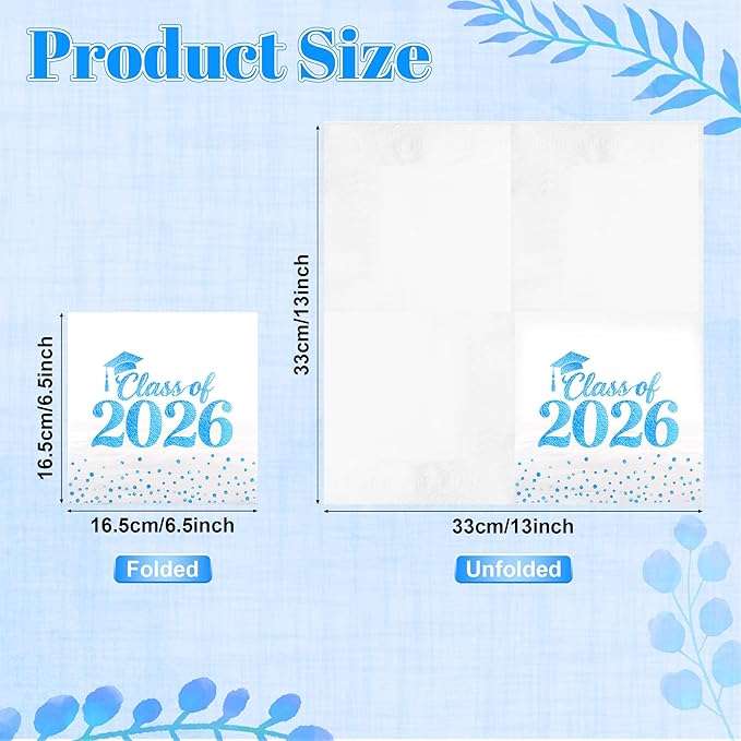 Graduation Napkins - Class of 2026 Napkins Disposable Paper Napkins Congrats Grad Cocktail Napkins Graduation Decorations 2026 Light Blue Napkins Hand Towels for Graduation Party Decorations 50 Pcs