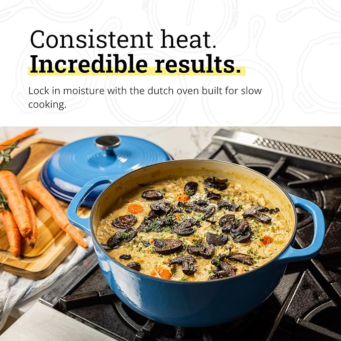 Lodge Essential Enamel Cast Iron Dutch Oven - Perfect for Bread Baking, Braising, Marinating & Slow Cooking - Features Moisture-Sealing Lid & Dual Handles - Kitchen Essentials - 6 Quarts - Caribbean Blue