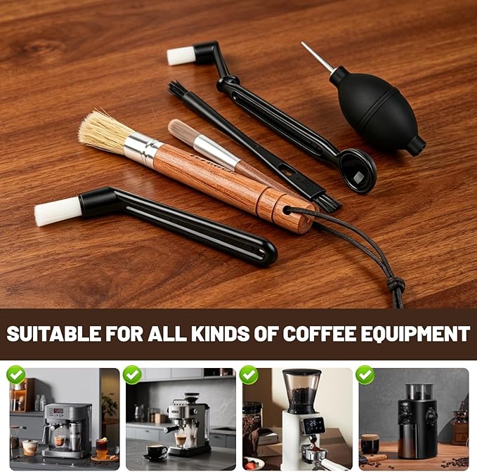 Coffee Grinder Cleaning Kit, Espresso Machine Brush Set - 6Pcs with Group Head Brush, Long-reach Brush, Walnut Wood Brush, Air Blower for Coffee Cleaner, Espresso Tools (Air Blaster+5 Brush)