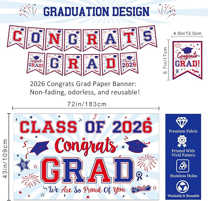 Graduation Decorations 2026 - Red and Blue Graduation Party Supplies Congrats Grad Backdrop & Banner, Hanging Swirls, Porch Sign, Balloons for High School & College Celebrations
