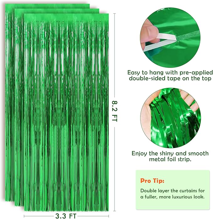 Green Tinsel Backdrop Curtains - 2 Pack Foil Fringe Streamers Photo Backdrop for 2026 World Soccer Cup Party Decorations | Soccer Football Theme Birthday Dinosaur Animal Party Wall Decor