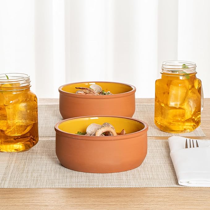 Restaurantware-Terra Tek 27.2 Ounce Terracotta Cazuelas, 2 Yellow Glazed Clay Pots For Cooking - Oven-Ready, Microwavable, Terracotta Serving Pots, Dishwashable, For Cooking And Serving