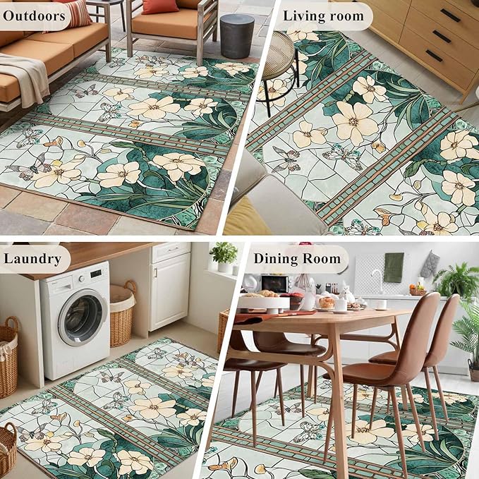 Area Rug 4x6ft, Spring Flower Colorful Butterfly Washable Rugs for Living Room Bedroom, Vintage Green Plant Soft Non-Slip Area Rugs Rectangle Floor Carpet for Dining Room
