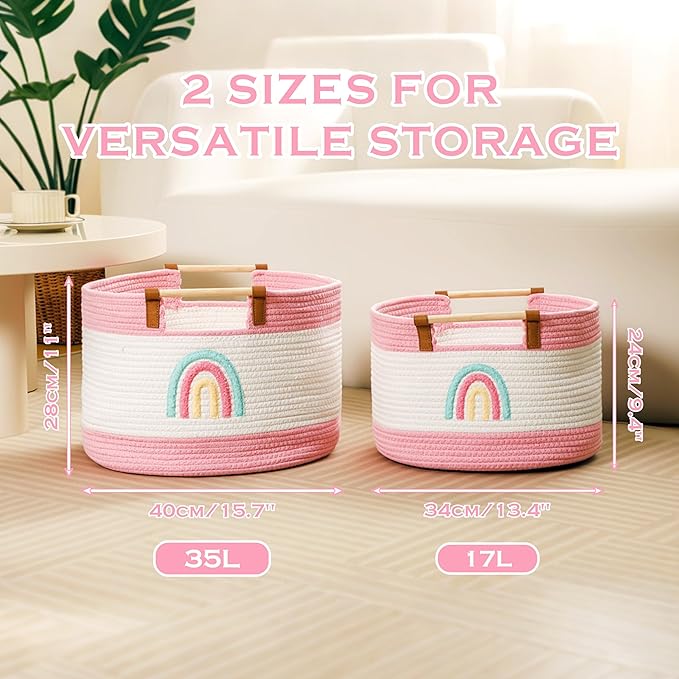 Large Blanket Basket Living Room 35L Baby Laundry Basket Toy Bin for Babies Toddlers Storage Baskets for Organizing Toys, Woven Cotton Rope Laundry Hamper for Nursery Storage Girls Gift Baskets Empty