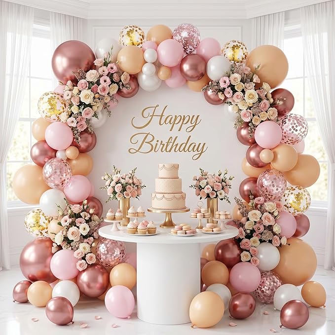 Rose Gold Balloon Garland Arch Kit, 122Pcs Metallic Rose Gold Pink White Gold Balloons for Wedding Bridal Baby Shower Graduation Girls Women Mother Day Birthday Party Decorations