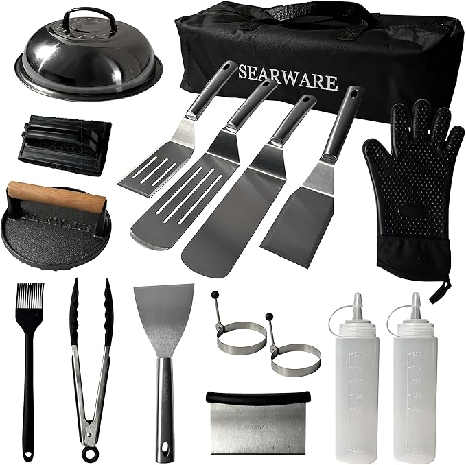 Griddle Accessories Set - Durable Stainless Steel Tools for Flat Tops - Includes Heat-Resistant Grill Glove & Cast Iron Grill Press