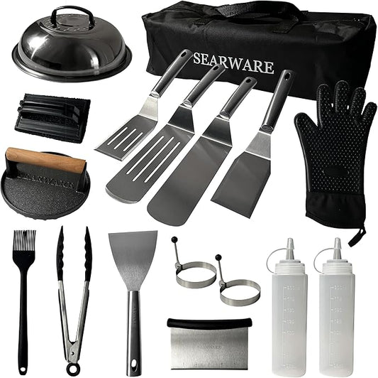 Griddle Accessories Set - Durable Stainless Steel Tools for Flat Tops - Includes Heat-Resistant Grill Glove & Cast Iron Grill Press