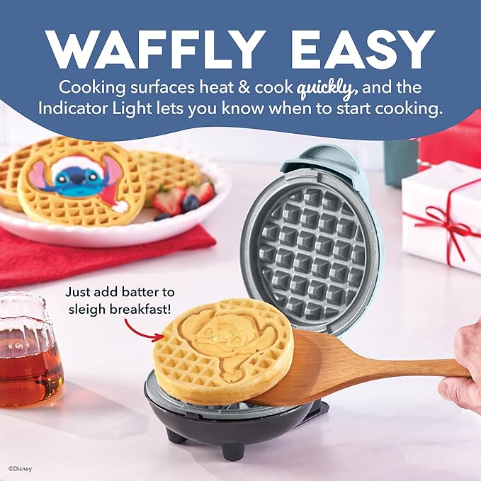Disney Dash Stitch Santa Mini Waffle Maker - Holiday Waffle Maker - Simple Setup & Quick Cleanup - Convenient & Compact for Easy Storage