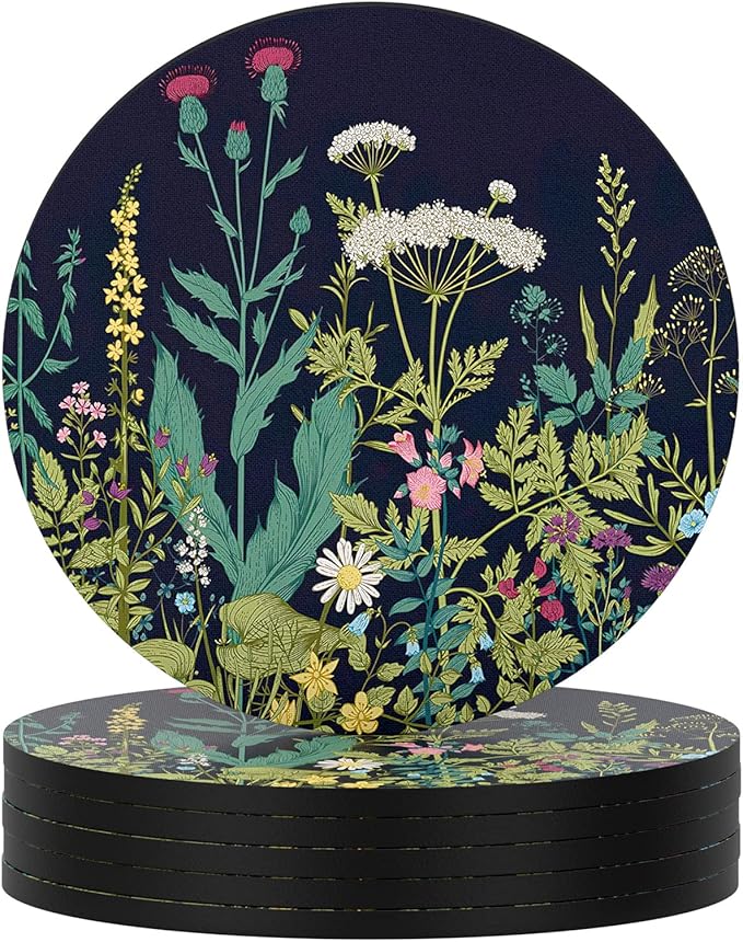 Nipichsha Coasters for Drinks, Set of 6 Cute Absorbent Rubber Drink Coasters for Cup with Non Slip Backing, Kitchen Home Decor Housewarming Gift, Round 4 in, Dandelion