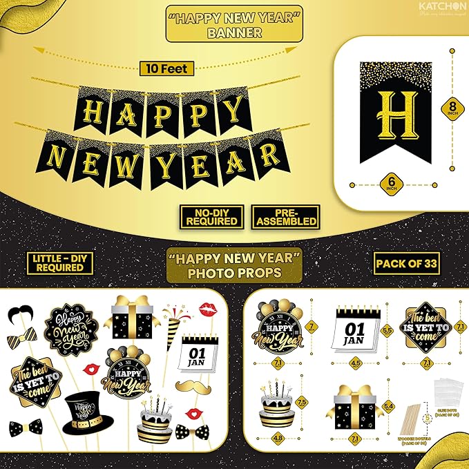 KatchOn, New Years Eve Party Supplies 2026 - Huge, Set of 76 | Black and Gold Happy New Year Banner, 2026 Balloon Numbers | New Year Foil Balloons, New Years Photo Booth Props | NYE Decorations 2026