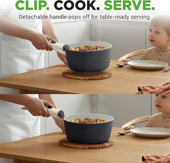 NutriChef 18-Piece Ceramic Cookware Set with Detachable Handles, Space-Saving Nonstick Pots, Pans & Lids, Oven-Safe Bowls, Stackable Storage, Includes Cooking Utensils & Accessories (Gray)